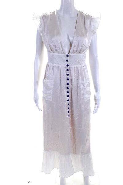 NBD Womens White Satin V-Neck Ruffle Sleeveless Button Midi Dress Size S