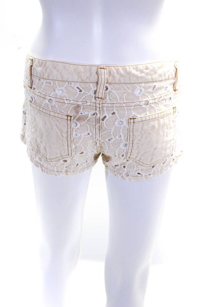 Sunday Tropez Women's Low Rise Embroidered  Floral Mini Shorts Beige Size S