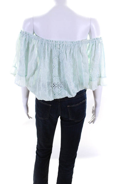 Sunday Tropez  Women's Short Sleeve Lace Ruched Cropped Blouse Green Size S