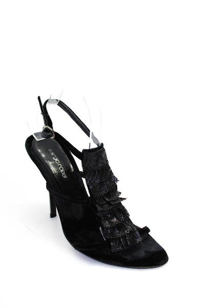 Sergio Rossi Womens Leather Lace Ruffle Velvet Ankle Strap Sandals Black 39 9