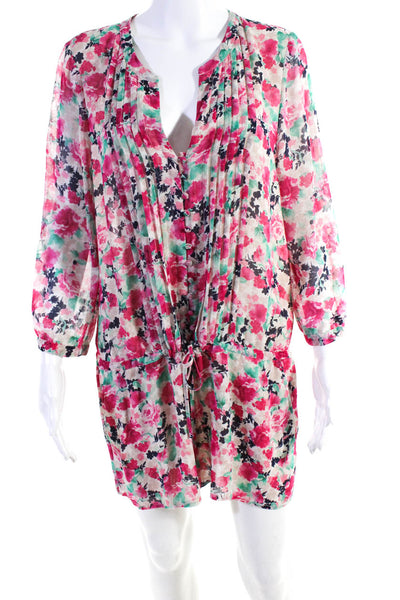 Joie Womens Pintuck Floral Y Neck Long Sleeve Romper Pink Green Size Medium