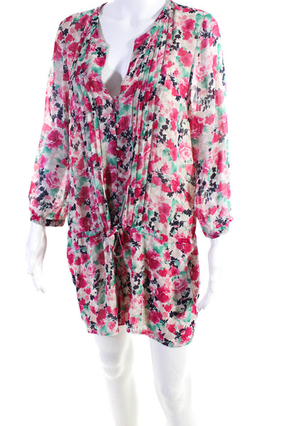 Joie Womens Pintuck Floral Y Neck Long Sleeve Romper Pink Green Size Medium