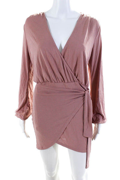 Lovers + Friends Womens Long Sleeve V Neck Wrap Dress Pink Size Small