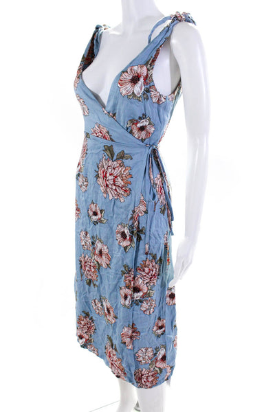 MINKPINK Womens Floral Print V Neck Wrap Dress Blue Size Extra Small