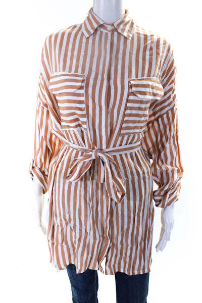 Faithfull The Brand Womens Cotton Striped Print Button Up Top Brown White Size M