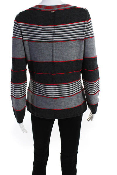 St. John Women's Scoop Neck Striped Long Sleeve T-Shirt Gray Red Size S