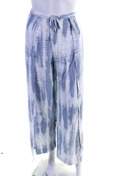 Olivaceous Womens Spotted Striped Drawstring Wide Slit Pants Blue White Size S