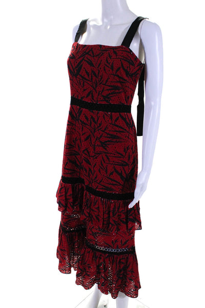 Prabal Gurung Women's Square Neck Abstract Lace Midi Ruffle Dress Red Size M