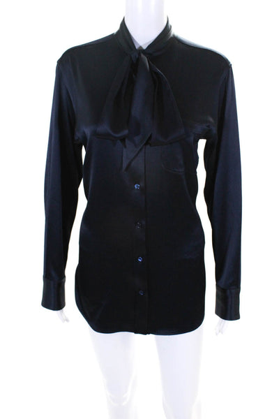 Sies Marjan Women's Satin Button Down Tie Collar Shirt Dress Navy Size S