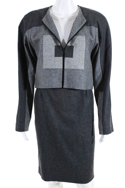 Paula Hian Womens Wool Shearling Zip Up Jacket Pencil Skirt Suit Gray Size 14