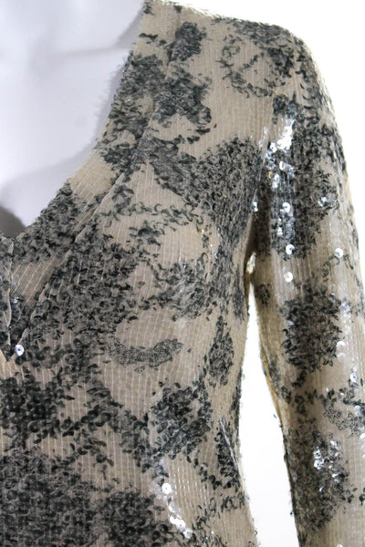 Cynthia Rowley Womens Sequined Long Sleeved V Neck Mini Dress Tan Gray Size 0