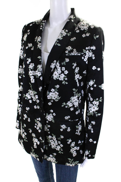 AMUR Womens Satin Floral Print One Button Long Sleeve Blazer Black White Size 8