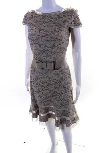 Joseph Ribkoff Womens Floral Lace Belted Short Sleeved Ruffle Dress Brown Size 6