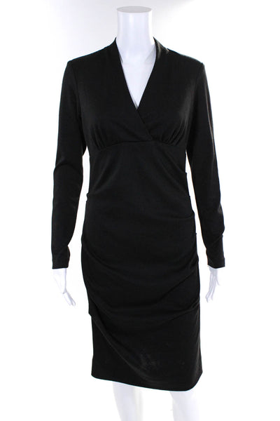 Nicole Miller Women's Long Sleeve V Neck Ruched Sheath Dress Black Size M