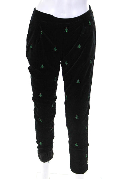 J. Mclaughlin Womens Cross Stitch Christmas Tree Velvet Pants Black Size XS