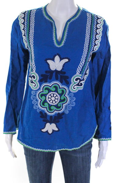 Tory Burch Womens Embroidered Soutache Long Sleeve Top Blouse Blue Linen Size 0