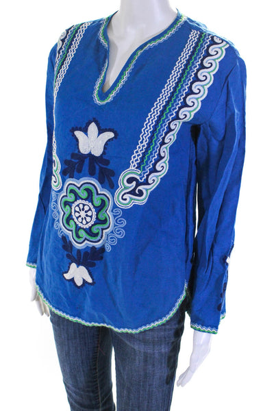 Tory Burch Womens Embroidered Soutache Long Sleeve Top Blouse Blue Linen Size 0