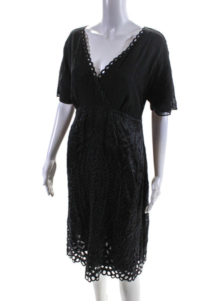 Ghost Womens Lace Trim Satin Embroidered Eyelet Midi A Line Dress Black Size 14