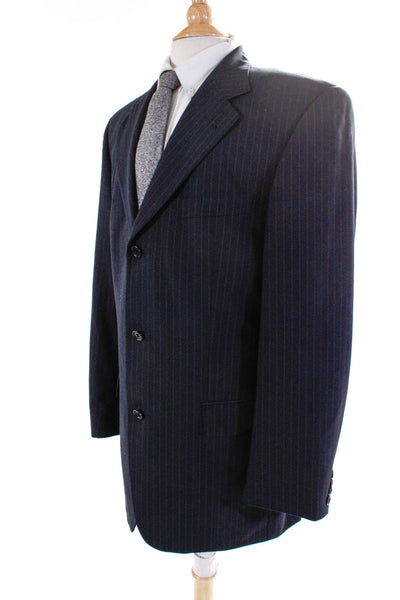 Boss Hugo Boss Mens Striped Three Button Blazer Navy Blue Wool Size 42 Tall