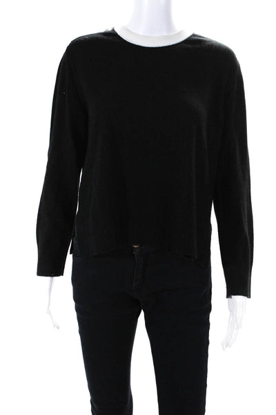 Reed Krakoff Womens Contrast Neckline Leather Trim Cashmere Sweater Black Large