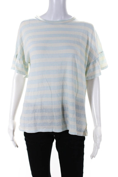 The Great Womens Cotton Flounce Short Sleeve Striped T-Shirt Top Blue Size 0