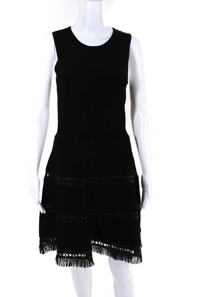 Parker Womens Leather Laser Cut Fringe A Line Dress  Black Size Small
