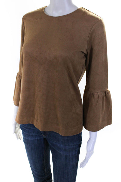 J. Mclaughlin Womens Bell Sleeve Faux Suede Crew Neck Top Blouse Brown Size XS