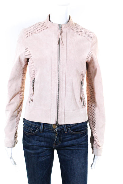 GUESS Women's Lined Suede Long Sleeve Textured Full Zip Up Jacket Pink Size S