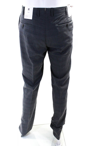 PT Torino Mens Gray Wool Plaid Techno Pleated Slim Fit Dress Pants Size 52