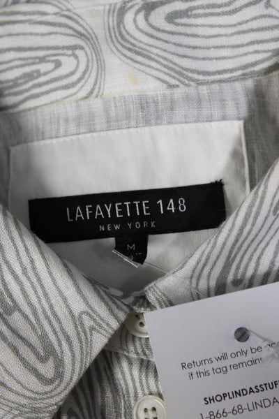 Lafayette 148 New York Womens Button Front Linen Wavy Shirt White Gray Medium