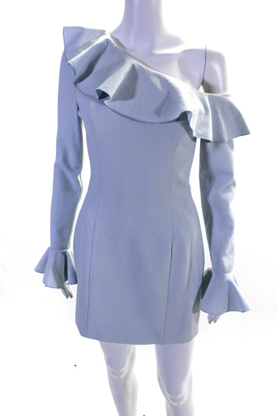 Rebecca Vallance Womens One Shoulder Ruffle Crepe Sheath Dress Light Blue Size 4