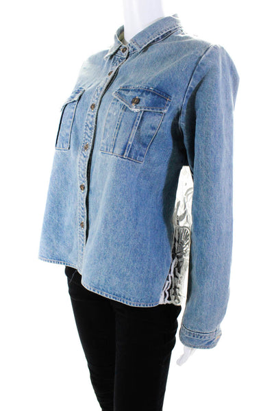 Sea Women's Long Sleeve Collared Lace Denim Button Up Top Blue Size 8