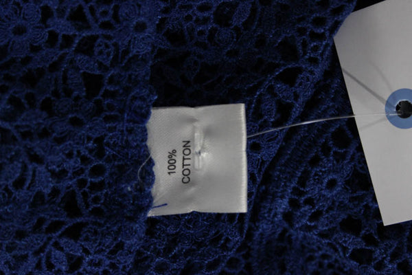 Saloni Womens Crochet Mock Neck Long Sleeves Blouse Blue Cotton Size 4