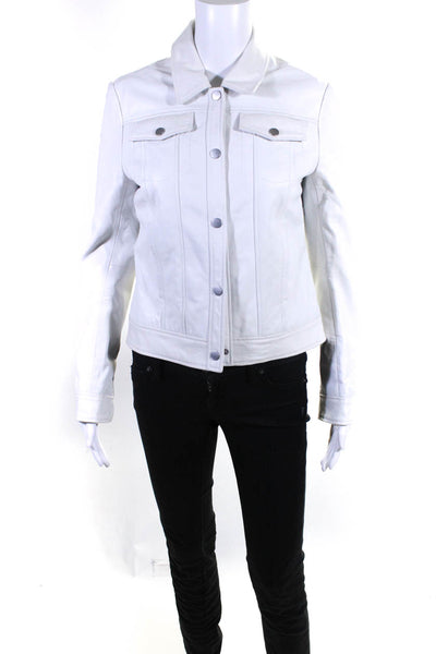 Ecru Womens Long Sleeve Button Front Denim Collar Leather Jacket White Size XS