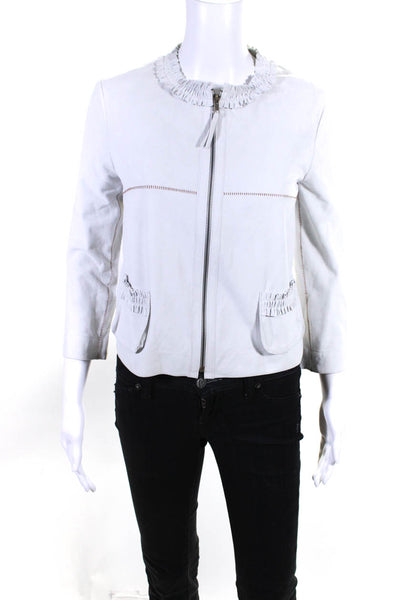 Illia Womens Front Zip 3/4 Sleeve Ruffled Crew Neck Suede Jacket White Size 0