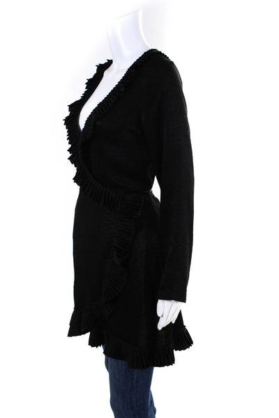 Delfi Womens Black Ruffle Edge Tie Front Long Sleeve Blouse Top Size S