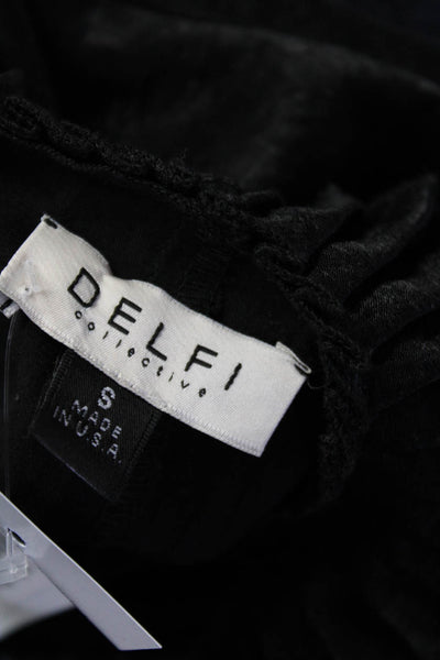 Delfi Womens Black Ruffle Edge Tie Front Long Sleeve Blouse Top Size S
