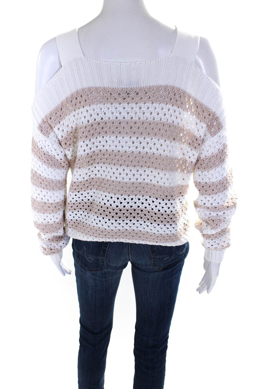 Autumn Cashmere Womens Striped Off Shoulder Sweater White Beige