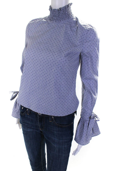 Intermix Womens Swiss Dot Smocked Mock Neck Blouse Blue Size Petite