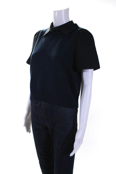 Staud Womens Cotton Patchwork Detachable Collar Short Sleeve Blouse Navy Size S