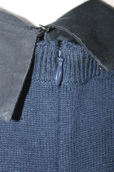 Staud Womens Cotton Patchwork Detachable Collar Short Sleeve Blouse Navy Size S