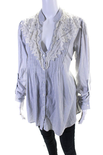 World Archive Womens Lace Trim Striped Button Up Shirt Blouse Blue White Medium