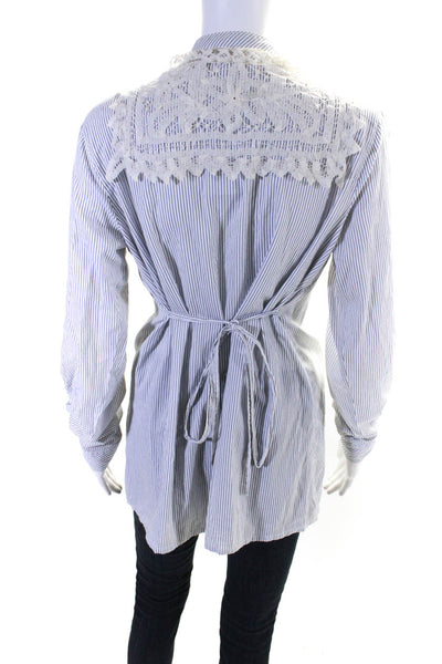 World Archive Womens Lace Trim Striped Button Up Shirt Blouse Blue White Medium