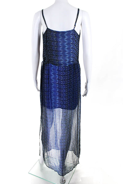 Rory Beca Womens Spaghetti Strap Printed Sheer Overlay Maxi Dress Blue Silk XS