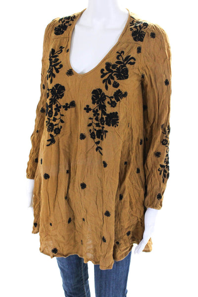 Free People Womens Floral Embroidered V-Neck Long Sleeve Tunic Top Yellow Size S