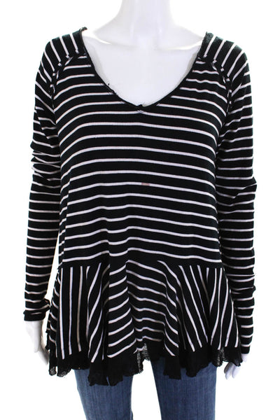 We The Free Womens Striped Print Long Sleeve V-Neck Tunic Top Black White Size M