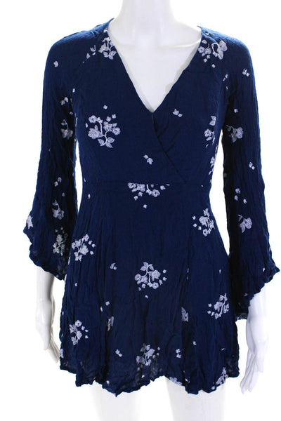 Free People Womens Floral Embroidered V-Neck Mini A-Line Dress Blue Size 0