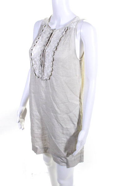 3.1 Phillip Lim Womens Lace Trim Crew Neck Linen Mini Dress Beige Size 4