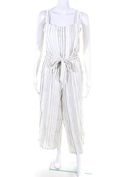 Splendid Womens Striped Belted Tied Straight Leg Ruched Jumpsuit Beige Size S