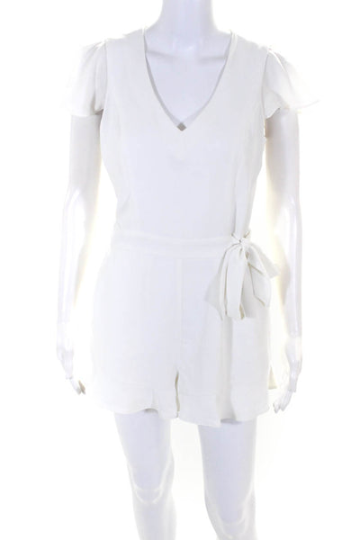 Parker Womens Short Sleeve Back Zipped Ruffled Belted V-Neck Romper White Size 4